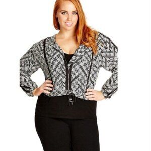 City Chic Tribal Chevron Bomber Jacket Black White Zip Front Balloon Sleeves M
